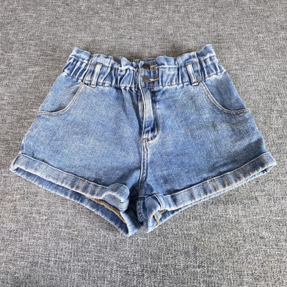PacSun Mom Short Denim Paperbag Waist High Rise Medium Wash Blue Size 25
